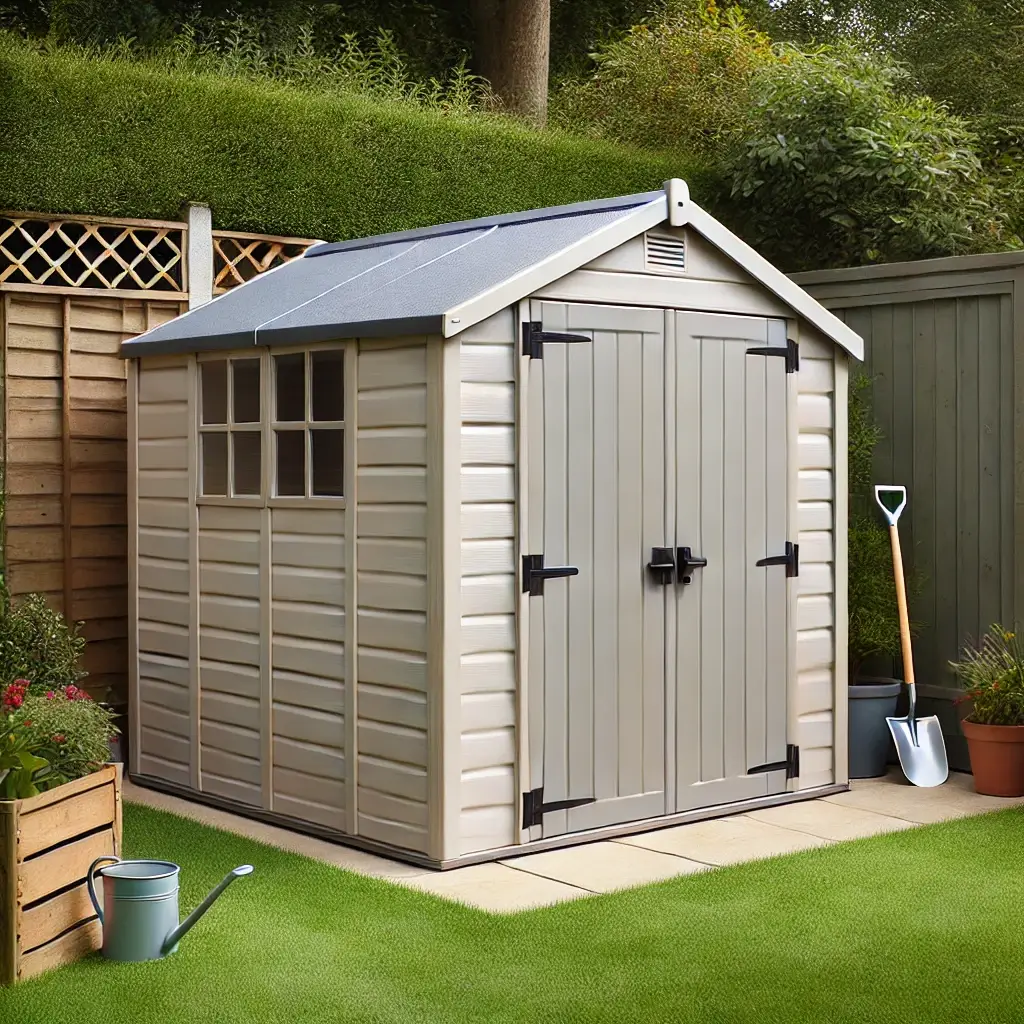 DALLE 2024-07-04 071500 - A typical resin shed placed in a backyard The shed has a durable weather-resistant exterior with a smooth clean finish in neutral colors like beige - Sheds For Home Resin Shed